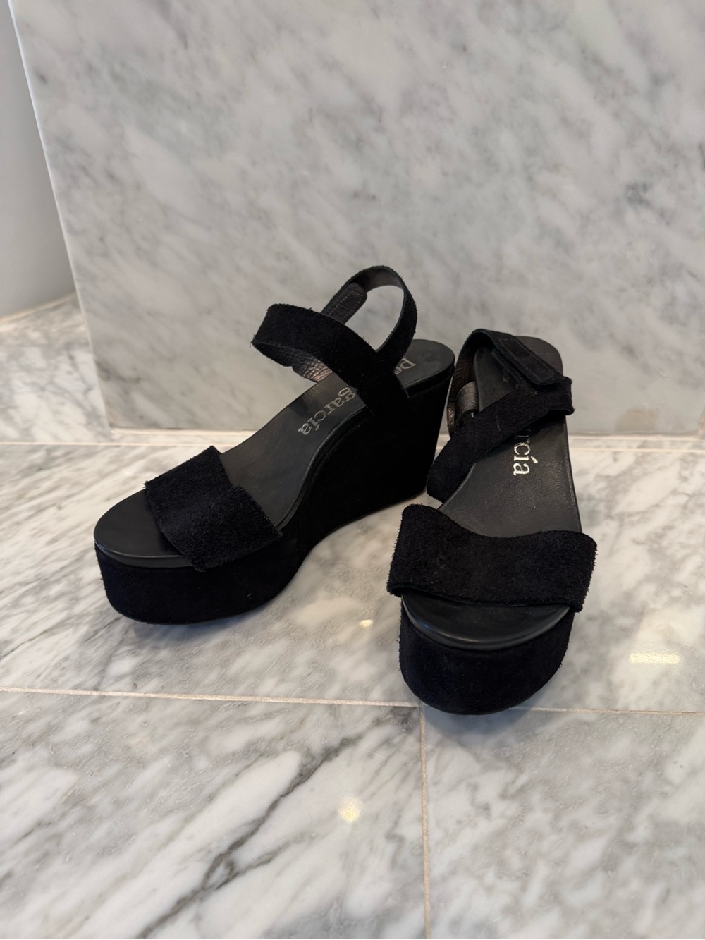 Pedro Garcia Black Suede Platform Wedge Sandals Size 37